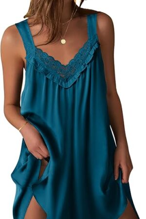 Women's Satin Silk Nightgown V Neck Sexy Nightdress Tank Sleeveless Sleepshirt Lace Sleep Dress Nightwear S-XXXL