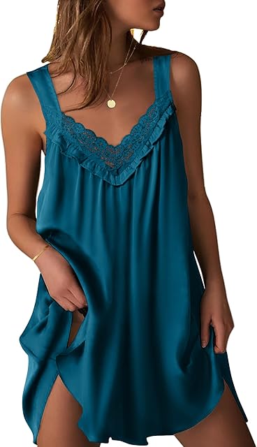 Women's Satin Silk Nightgown V Neck Sexy Nightdress Tank Sleeveless Sleepshirt Lace Sleep Dress Nightwear S-XXXL