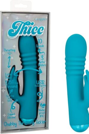 CalExotics Thicc Chubby Thrusting Tickler Waterproof Silicone Rechargeable Rabbit Vibrator Blue - SE-0650-40-3