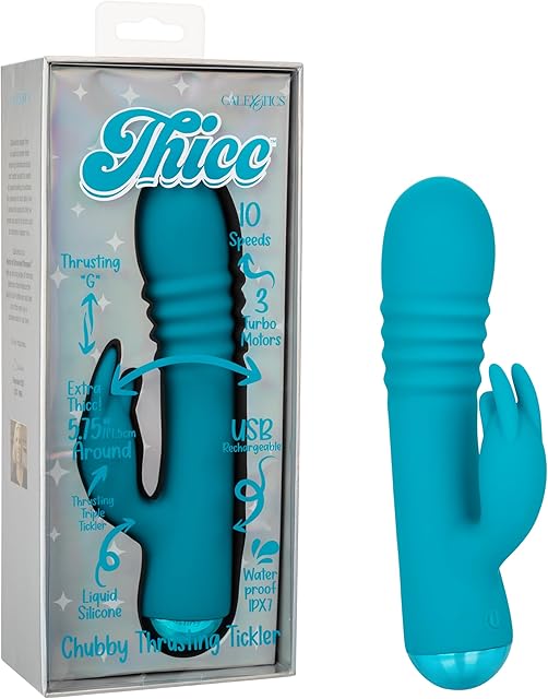 CalExotics Thicc Chubby Thrusting Tickler Waterproof Silicone Rechargeable Rabbit Vibrator Blue - SE-0650-40-3