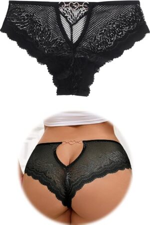 Women Sexy Cheeky Panties Floral Lace Thongs Bikini Brief Naughty Underwear with Heart Ring Backside