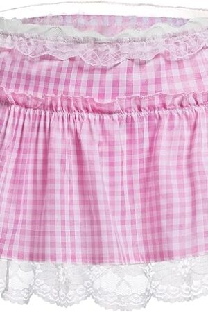 Womens Mini Gingham Skirt Ruffle Lace Trim Plaid Micro Skirt Maid Lingerie Underwear