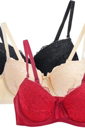 3PC Push Up Bras for Women Sexy Lace Full Coverage Wirefree Everyday Bra Soft Comfy Breathable Daily Padded Underwear