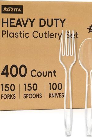 400 Count Heavy Duty Plastic Silverware, BPA-Free, Clear Plastic Cutlery Set, Premium Disposable Utensils for Party Everyday Use, 150 Forks, 150 Spoons and 100 Knives