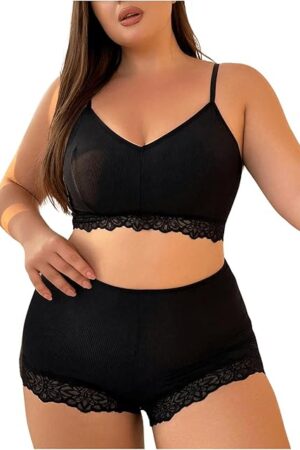 Women's Plus Size Contrast Lace Sexy Lingerie Set V Neck Wireless Bra and High Waist Panty 2 Piece Set