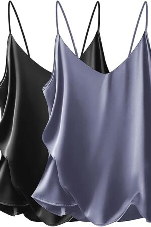 Women's 2 Pcs Satin Camisole Silky Pajama Tank Tops V Neck Soft Spaghetti Strap Loose Basic Sleepwear