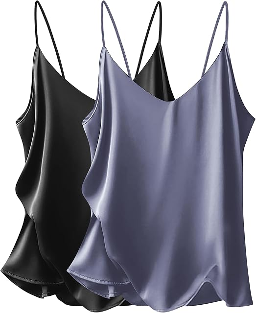 Women's 2 Pcs Satin Camisole Silky Pajama Tank Tops V Neck Soft Spaghetti Strap Loose Basic Sleepwear