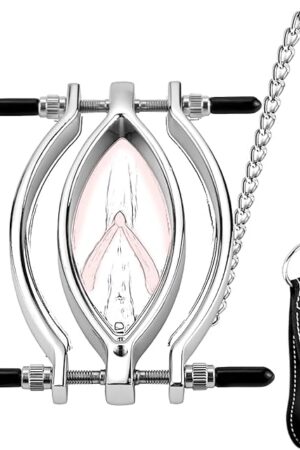Clit Clamp, Pussy Spreader Stainless Steel Adjustable Pussy Clamp and Leash, Clitoris Teasing G Spot Massage Device, Adult Sex Bondage Restraint BDSM Erotic Sex Toy for Women & Couples