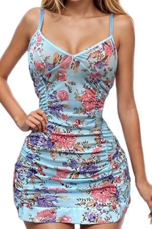Women Sexy Slim Mini Nightdress, Fashion Floral Print Ruched Babydoll Chemises V-Neck Backless Lingerie with G-String