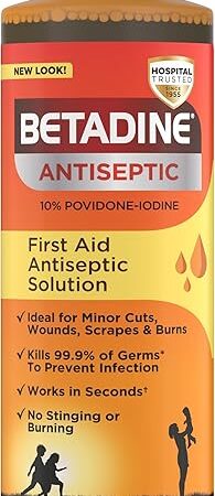 Betadine Antiseptic Liquid First Aid Solution, Povidone-iodine 10%, Infection Protection, Kills Germs In Minor Cuts Scrapes And Burns, No Sting Promise, No Alcohol or Hydrogen Peroxide, 8 FL OZ
