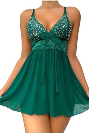 Womens Sexy Lingerie Babydoll: Lace Slip Dress Outfits Mesh Nightgown with Thong V Neck Sleepwear for Party