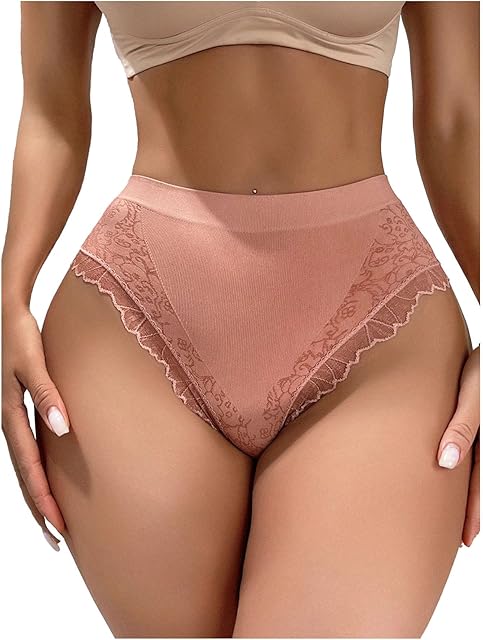 Women Sexy Lace Trim High Rise Panties Ribbed Knit Comfy Brief Underwear