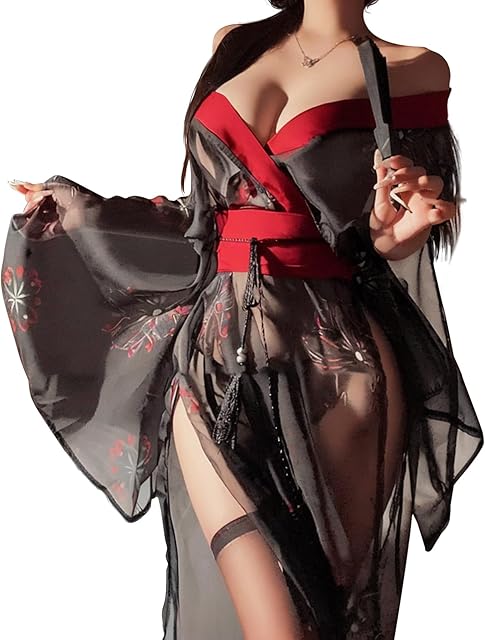 Women's Sexy Kimono Lingerie Robe Japanese Style Nightwear with Belt and Floral Print
