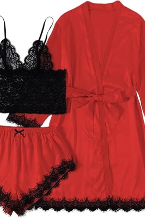 Women's 3 Pcs Satin Lace Lingerie Sleepwear Cami With Shorts Robe Pajamas set Red Small