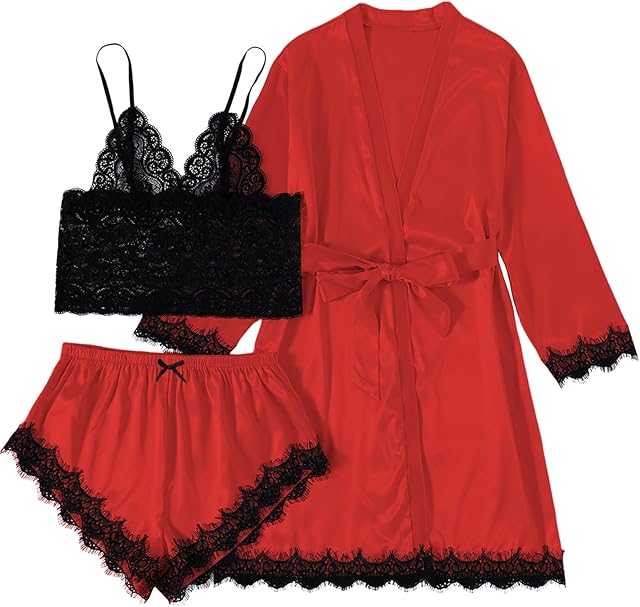 Women's 3 Pcs Satin Lace Lingerie Sleepwear Cami With Shorts Robe Pajamas set Red Small