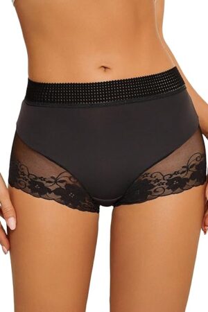 Women's Contrast Mesh Floral Lace Boyshorts Panty Lettuce Trim Mid Rise Underwear Bottom Shorts