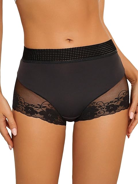 Women's Contrast Mesh Floral Lace Boyshorts Panty Lettuce Trim Mid Rise Underwear Bottom Shorts