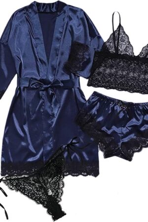 Women's Lace Sleepwear 4pcs Floral Lace Trim Satin Sexy Pajamas Set Dressing Gown Robe Ladies Nightwear Sets