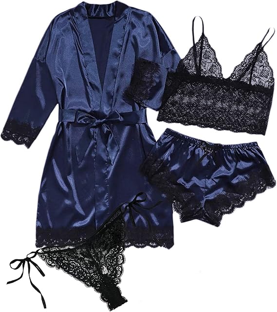 Women's Lace Sleepwear 4pcs Floral Lace Trim Satin Sexy Pajamas Set Dressing Gown Robe Ladies Nightwear Sets
