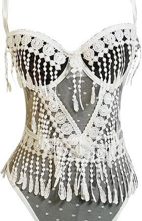 Women's 2 Piece Lace Sheer Sleeveless Lingerie Set Babydoll Fringe Teddy G-String Set