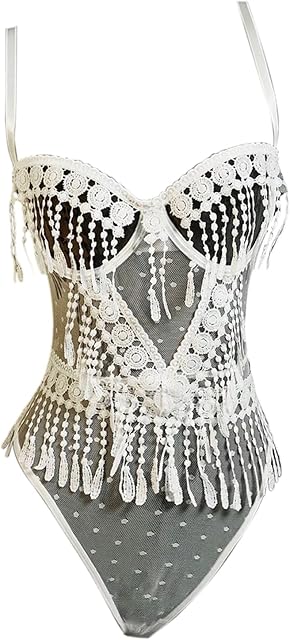 Women's 2 Piece Lace Sheer Sleeveless Lingerie Set Babydoll Fringe Teddy G-String Set