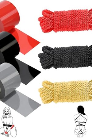 BDSM Bondage Restraint Bundle Set, Sex Toys Sexual Restraint Tape Binding Rope Reusable Pull Up Bondage - Comes with PVC Static Tape 82ft (3 Rolls) and Soft Silk Cotton Rope 32.8ft (3-Piece Set)