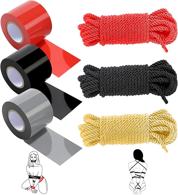 BDSM Bondage Restraint Bundle Set, Sex Toys Sexual Restraint Tape Binding Rope Reusable Pull Up Bondage - Comes with PVC Static Tape 82ft (3 Rolls) and Soft Silk Cotton Rope 32.8ft (3-Piece Set)