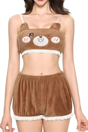 Womens Kawaii Anime Pajama Sets Shorts and Tube Top Loungewear Fuzzy Pajamas Cartoon Sleepwear Furry Lingerie