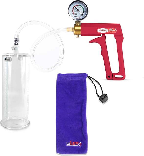 LeLuv Penis Pump Maxi Red Handle with Gauge, Clear Hose - 9 inch Length x 3.25 inch Diameter Cylinder