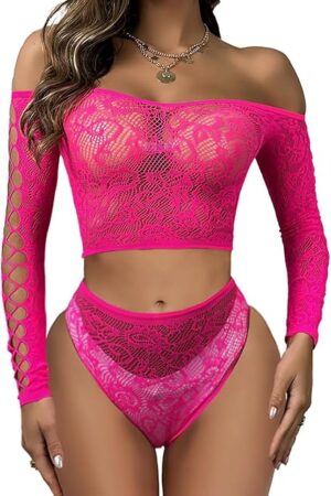 Womens Lingerie Set Fishnet BabyDoll Bodysuit Two Piece Nightwear