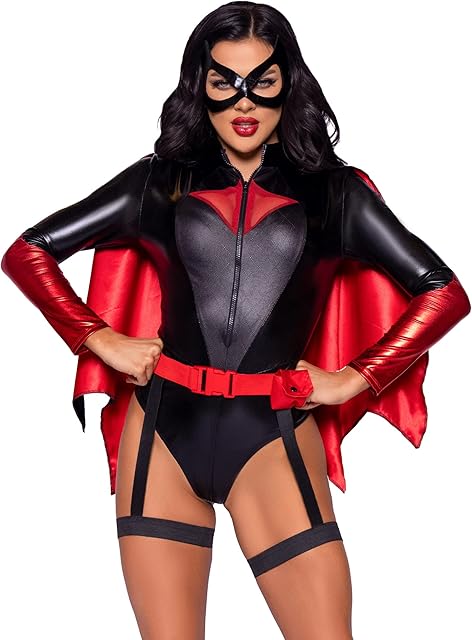 Leg Avenue Women's 4 Pc Vigilante Vixen Costume with Zip-Up Bodysuit, Detachable Cape, Belt & Attached Garter, Eye Mask
