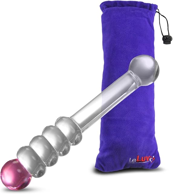 LeLuv Glass Dildo 8" Mystic Wand Beads Pink Tip with Premium Padded Pouch