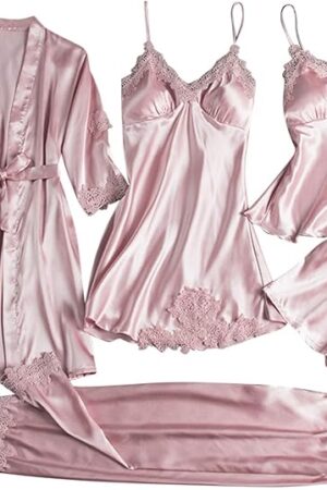 Womens Silk Pajamas Robes Set Sexy Satin Pjs Sets 5Pcs Nightgown Cami Shorts Pants Sleepwear Loungewear