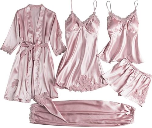 Womens Silk Pajamas Robes Set Sexy Satin Pjs Sets 5Pcs Nightgown Cami Shorts Pants Sleepwear Loungewear