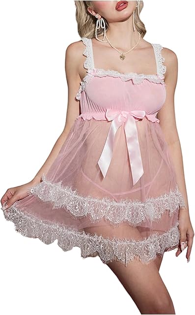 Women's Babydoll Lingerie Set Lace Trim Bowknot Ruffle Nightgown Boudoir Outfits Sleepwear