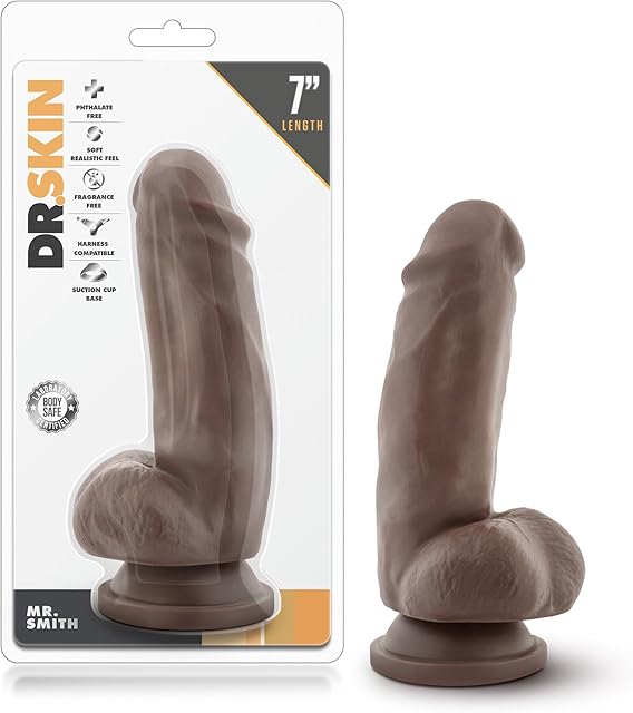 Blush Dr Skin Mr Smith 7" Realistic Dildo w/Balls, 2" Wide 5" Insertable Petite Real-Skin Cock, PVC Suction Cup, O-Ring Compatible, Lifelike Texture Adult Sex Toy for Men, Women & Couples - (Brown)