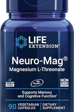 Life Extension Neuro-Mag Magnesium L-Threonate, Memory Health, Quick Thinking, Cognitive Health Support, Vegetarian, Non-GMO, 90 Vegetarian Capsules (144 mg from 2000 mg Magtein magnesium L-threonate