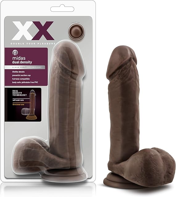 Blush Novelties XX Midas 8 Inch Realistic Dildo, Suction Cup Harness Compatible, Sex Toy for Women, Sex Toy for Adults, Chocolate