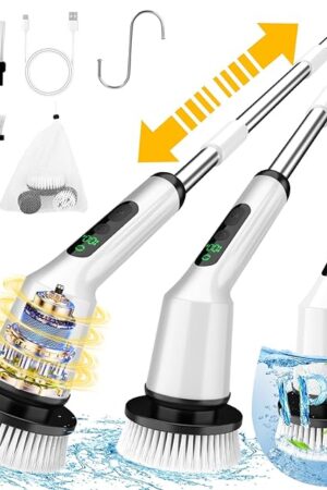 Electric Spin Scrubber for Cleaning Bathroom, Shower Scrubber Cordless Cleaning Brush with IPX7 Waterproof & 2 Speed, 3 Brush Heads, Bathroom Cleaning Supplies for Shower Tub Kitchen Tile Toilet White