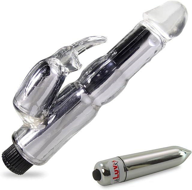 LeLuv Rabbit Vibrator Waterproof Bath Time Bunny Bundle with Pointed Chrome Mini Bullet Massager Clear