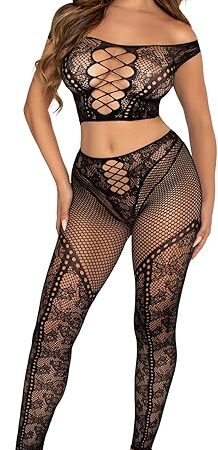 womens 2 Pc Net and Lace Off-the-shoulder Crop Top and Footless Tights