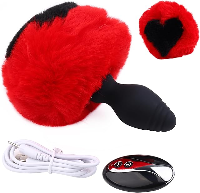 Brementrey Anal Plug Vibrator Bunny Tail Butt Plug with Remote Control Silicone Anal Plug Butt Toy Anus Toys Sex Adult Toys for Women Men Couples, Black