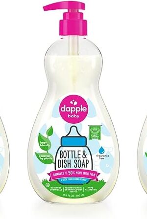 Dapple Baby Bottle Soap, Hypoallergenic Dish Soap for Baby Bottles, Powered by Plants, 1 Pump Included, Packaging May Vary, Fragrance Free, 169 Fl Oz (Pack of 3)