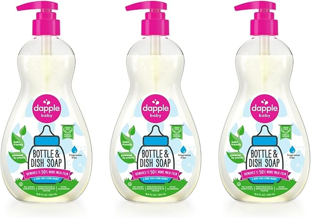 Dapple Baby Bottle Soap, Hypoallergenic Dish Soap for Baby Bottles, Powered by Plants, 1 Pump Included, Packaging May Vary, Fragrance Free, 169 Fl Oz (Pack of 3)