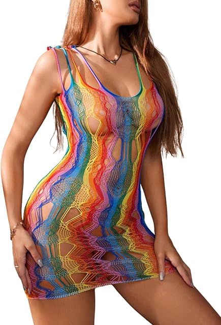 Fishnet Dress Sexy Rave Outfits for Women Sheer Mini Dresses Party Club Night Festival Concert Pride Rainbow,Red/Orange/Yellow/Green/Blue/Purple