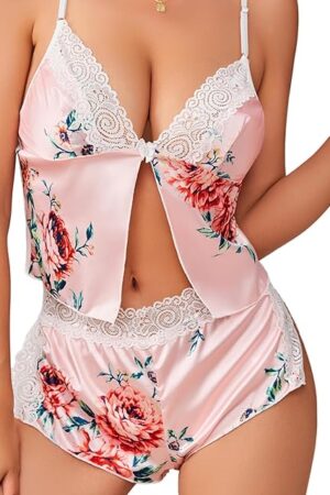 Women's 2 Piece Lingerie Floral Lace Cami Top with Satin Shorts Sleepwear Pajama Set