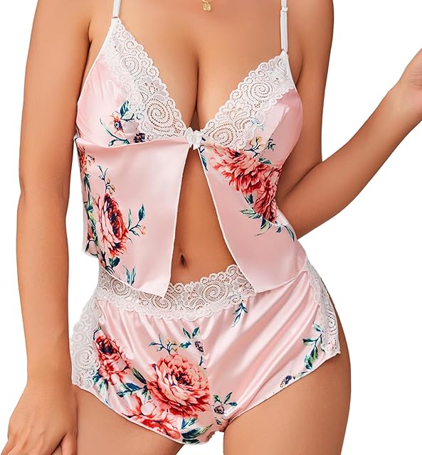 Women's 2 Piece Lingerie Floral Lace Cami Top with Satin Shorts Sleepwear Pajama Set