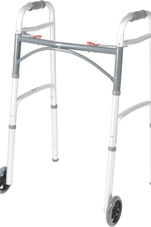 Drive Medical 10210-1 2-Button Folding Walker with Wheels, Rolling Walker, Front Wheel Walker, Lightweight Walkers for Seniors and Adults Weighing Up To 350 Pounds, Adjustable Height, Silver