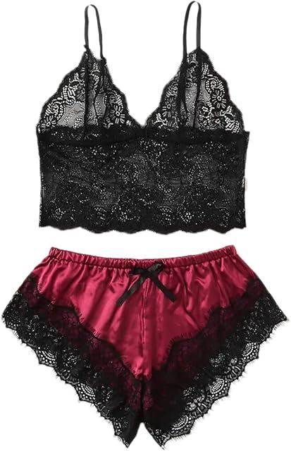 Women's Plus Size Lingerie Set Spaghetti Strap Lace Trim Bralette and Shorts Sleepwear Pajama Set