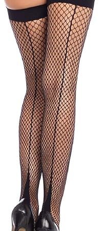 Women's Fishnet Cuban Heel Backseam Thigh Highs, Black, One Size